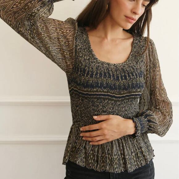 Paneros Tops - Paneros Stella Top in Olive Ikat - Smocked Bodice - Long Sleeve - Size M